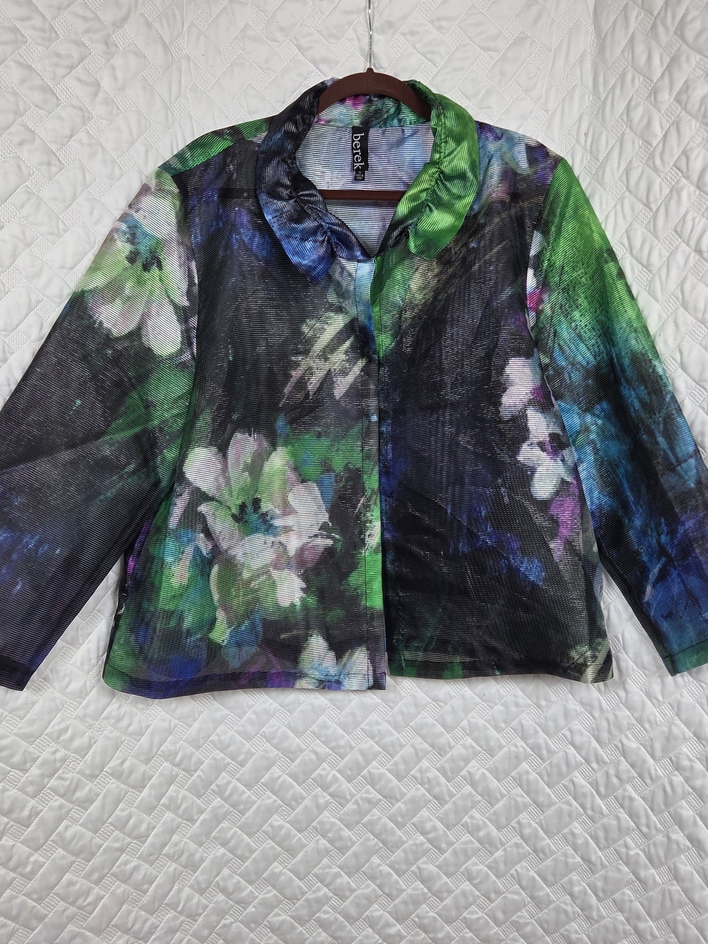 Berek Wearable Art Sheer Mesh Floral Print Ruffle Collar Jacket Womens Size XL